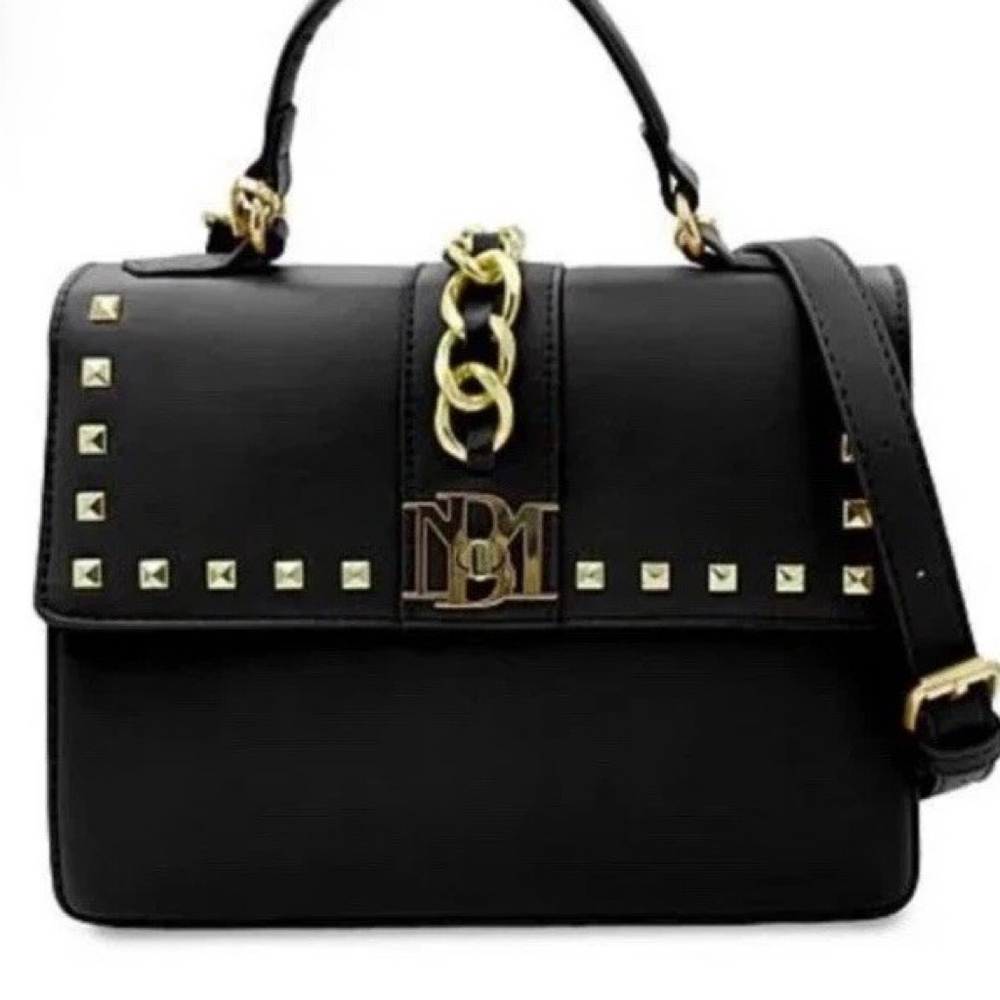 NEW Badgley Mischka Black Studded Chain Crossbody/Handle Purse Vegan Leather